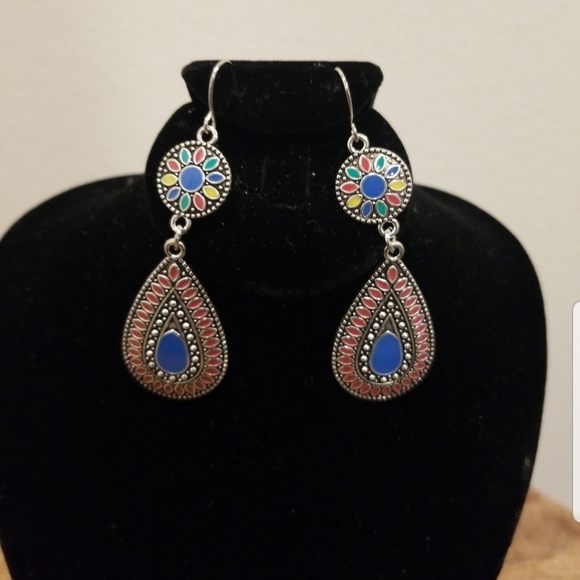 New Boho Earrings Drop Blue Pink Multi Oval Pierced Silver Teardrop Vintage - Picture 2 of 2